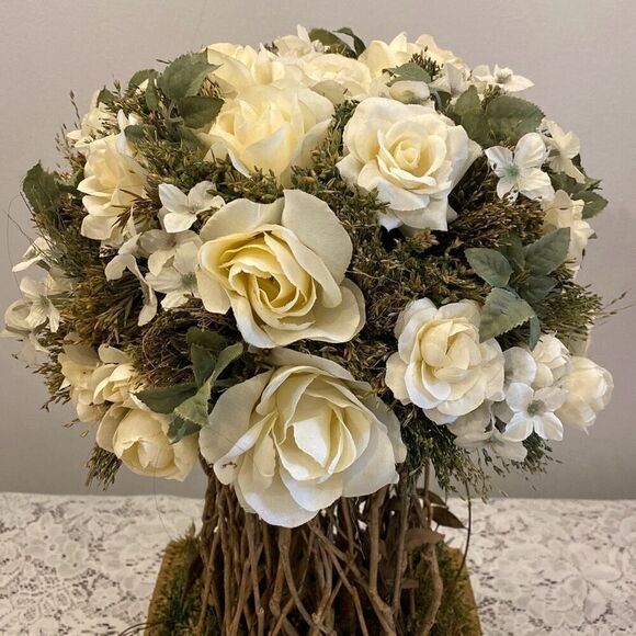 Vntage Floral Arrangement Centerpiece White Roses Twigs - Picture 4 of 5